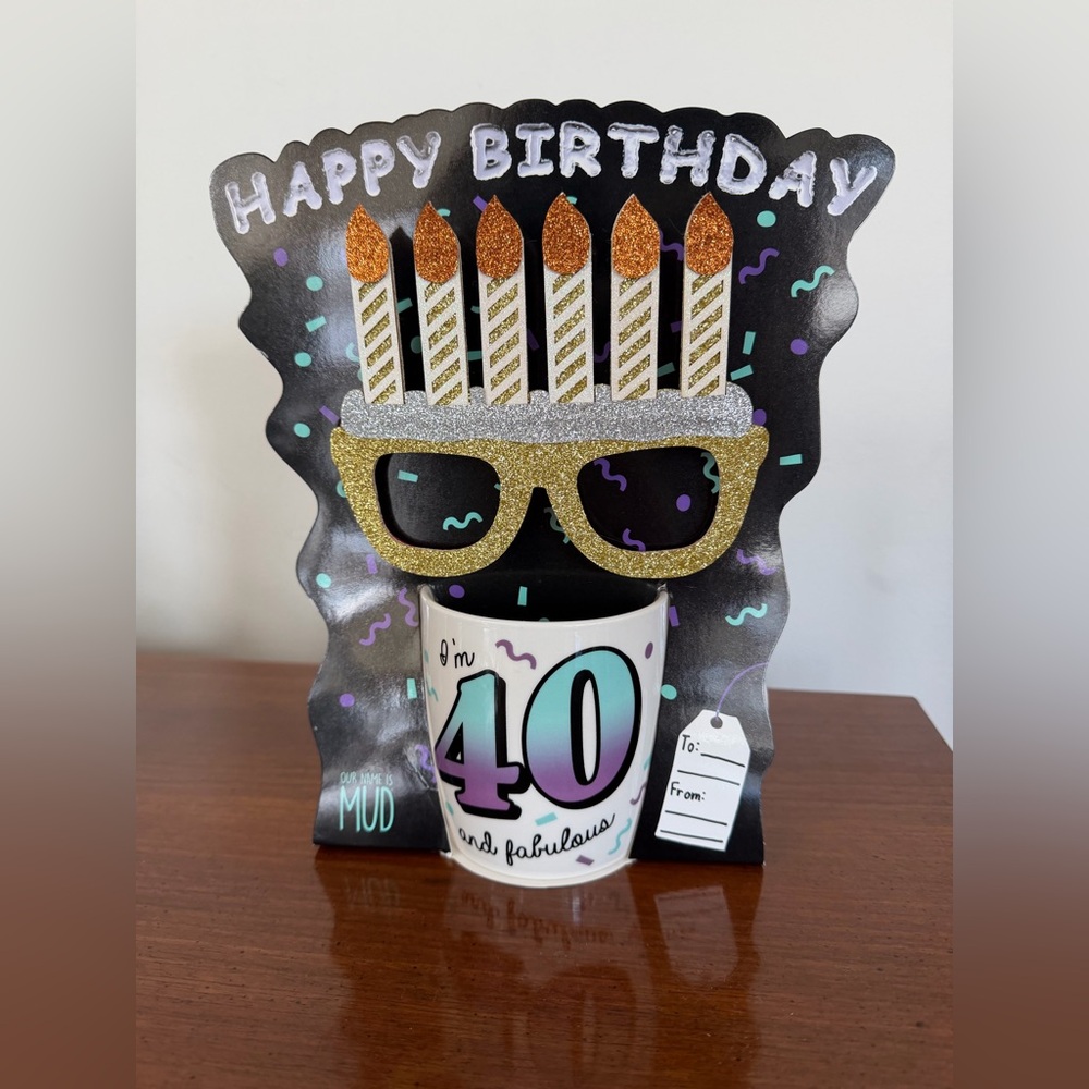Happy Birthday 40th Mug with Glitter Candles glasses